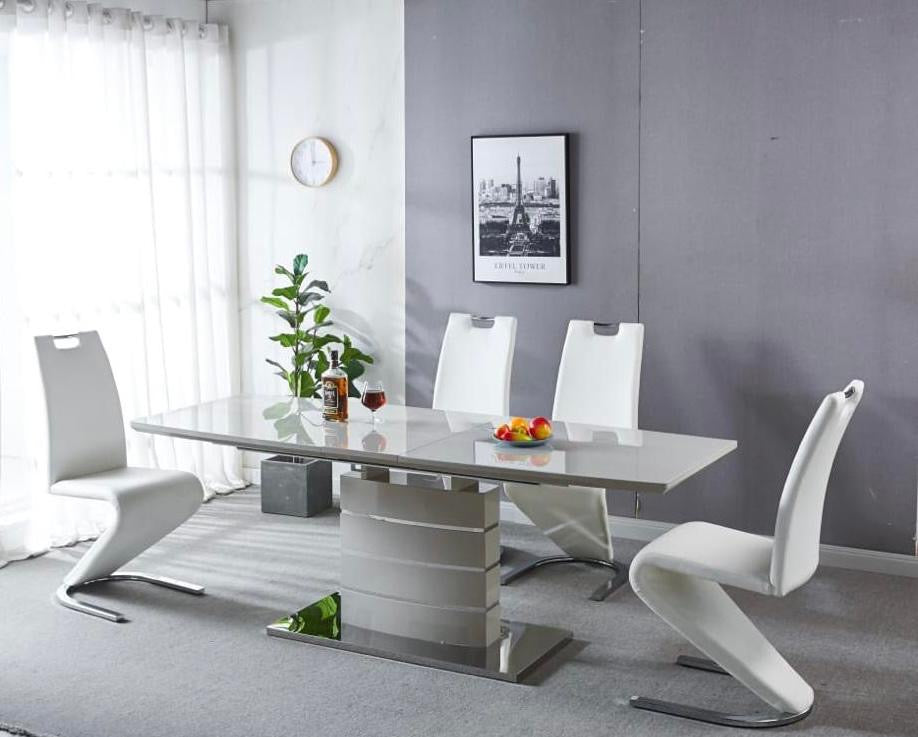 Modern Grey Extendable Dining Table with White Z-Chair Set