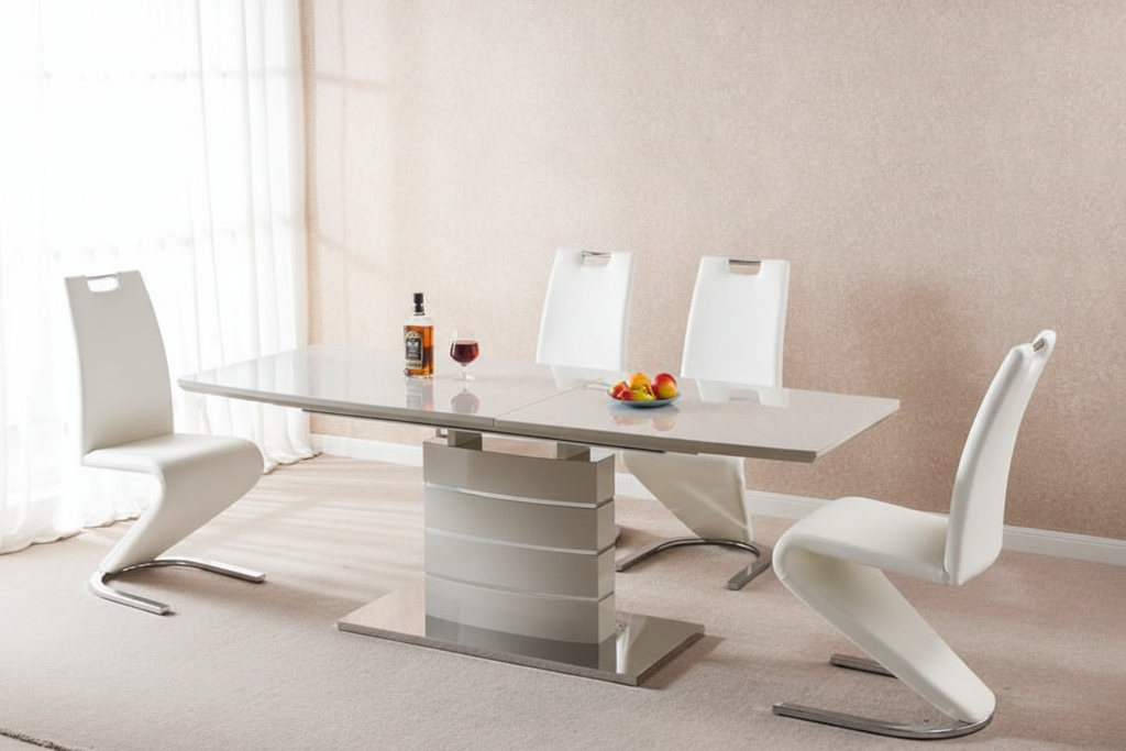 Modern Grey Extendable Dining Table with White Z-Chair Set