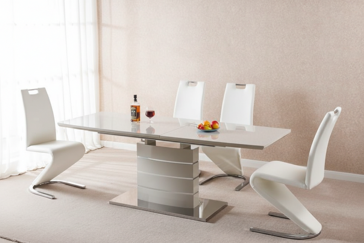 Modern Grey Extendable Dining Table with White Z-Chair Set