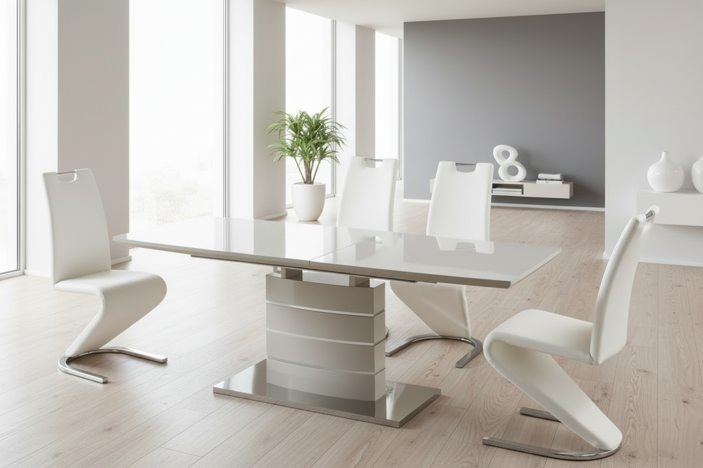 Modern Grey Extendable Dining Table with White Z-Chair Set