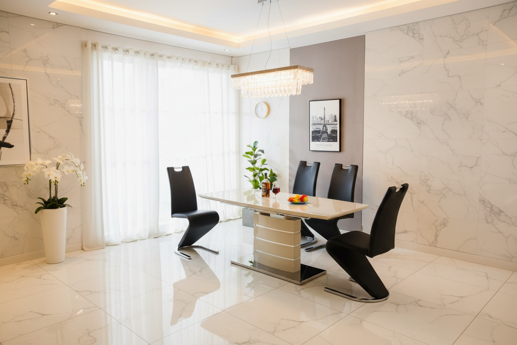 Modern White Dining Table & Black Z-Chair Set