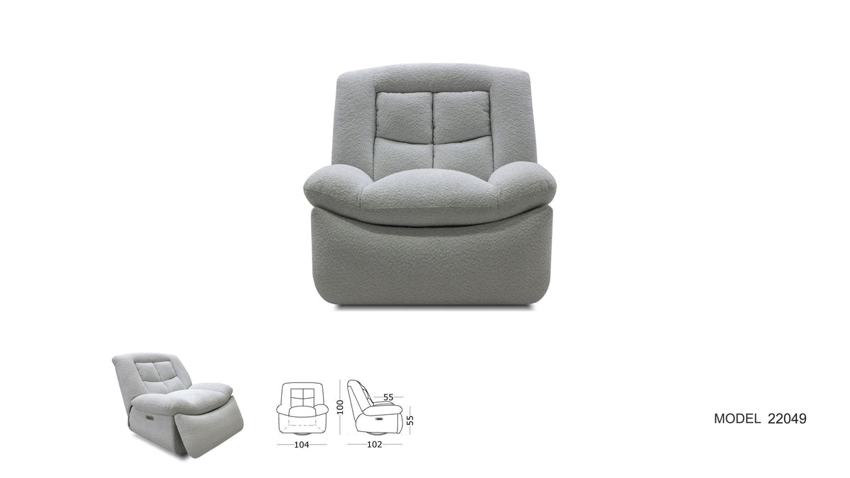 Light grey oversized recliner chair with tufted back and plush arms, front view with dimensions and reclined side profile