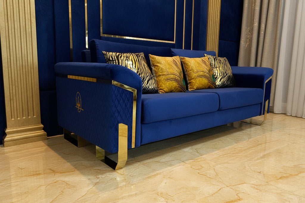 Royal Blue & Gold Velvet Sofa + Loveseat Set