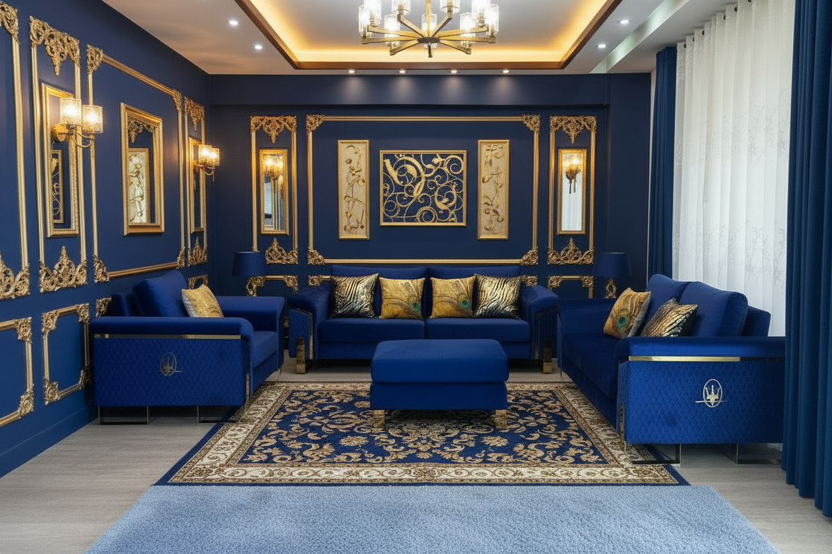 Royal Blue & Gold Sofa Set - Lighter Background